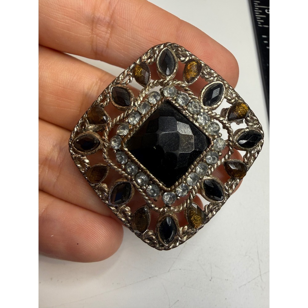 Black and Amber Rhinestone Square Brooch Pendant Silver Tone Statement Jewelry